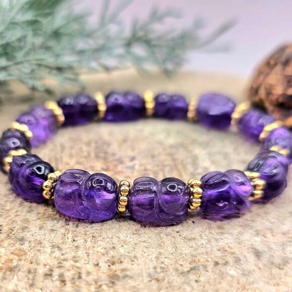 Rare Nature Amethyst Hand Carved Rabbit Beads Bracelet - Picture 3 of 10